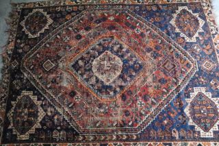 4.  7 X 6.  5 Ft Antique Qashqai Tribal Oriental Rug,  Antique Natural Dye Carpet