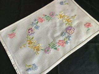 Vintage Linen Hand Embroidered Tray Cloth Pretty Florals