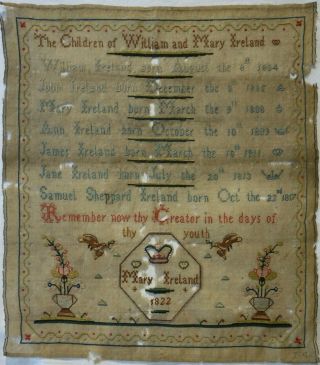 Early 19th Century Family Register & Motif Sampler By Mary Ireland - 1822