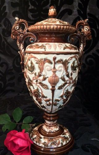 Ornate Good Size Antique Austrian Majolica Vase With A Lid.  11 "