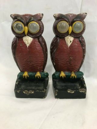 Great Orig.  Pair Antique Cast Iron Owl Bookends W/ Cats Eye Reflectors