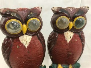 Great Orig.  Pair Antique Cast Iron Owl Bookends w/ Cats Eye Reflectors 2