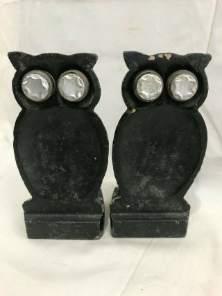 Great Orig.  Pair Antique Cast Iron Owl Bookends w/ Cats Eye Reflectors 3