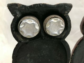 Great Orig.  Pair Antique Cast Iron Owl Bookends w/ Cats Eye Reflectors 4