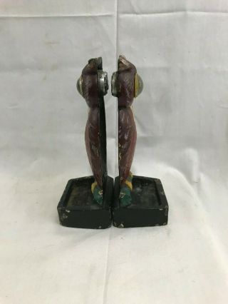 Great Orig.  Pair Antique Cast Iron Owl Bookends w/ Cats Eye Reflectors 5
