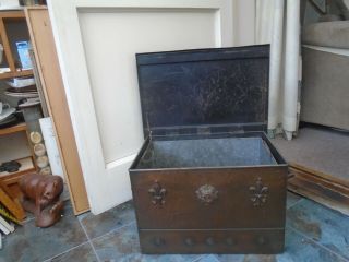 Stylish Large French Copper Metal Coal Box With Fleur De Lis & Inner