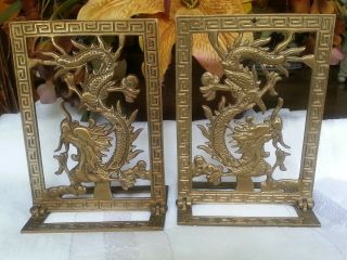 Vintage Pair Folding Brass Dragon Bookends Chinese Key Pattern Border