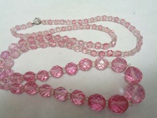 Antique Heavy 30 Inch Long Faceted Cut Pink Rock Crystal Beaded Necklace