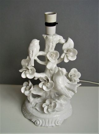 Vintage Italian White Glazed Ceramic Table Lamp Base W Bird & Blossom Hand Made