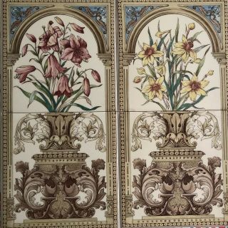H & R Johnson England Set 4 Victorian Style Tiles 6x6” Floral Sprays In Urns