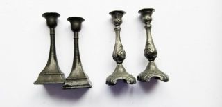 Antique 2 Pair Candlesticks Square Based Blk Metal And Embossed Base Soft Meta