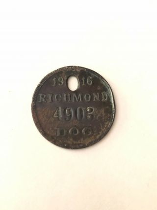 Vtg Antique 1916 Dog License Brass Tag Richmond Virginia City Tax Early 1900s K9