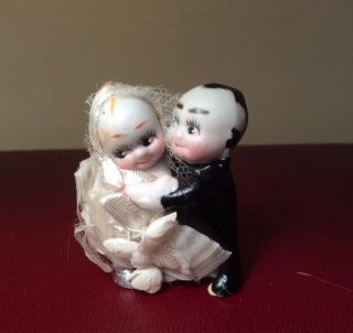 Vintage Kewpie Bisque Doll Groom And Bride Figurine Wedding Cake Topper 2.  5 "
