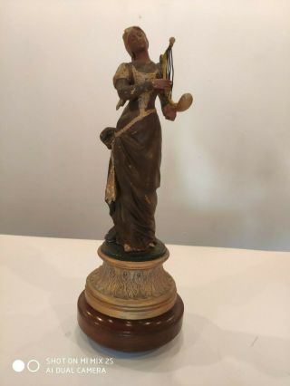 Antique Vintage French Spelter - Brass Harp Playing Lady Figure On Wooden Base