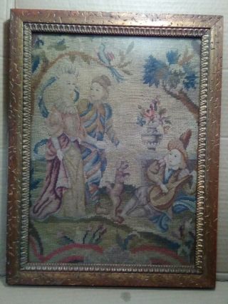 Antique 14 " X 18 " Needlepoint Tapestry Framed Victorian King/queen & Musician