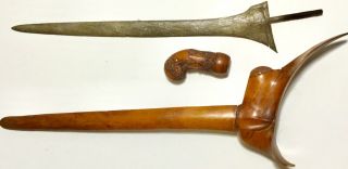 Antique Hand Carved Indonesian Javanese Kris Sword Dagger Damascus Blade