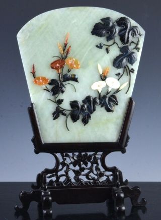Fine Quality Antique Chinese Jade Agate Hardstone Table Screen Stand Plaque