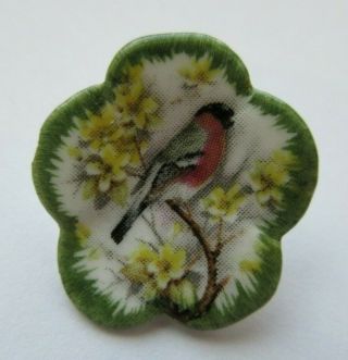 Antique Vtg Porcelain Picture Button Flower Shape W/ Bird 7/8 " (u)