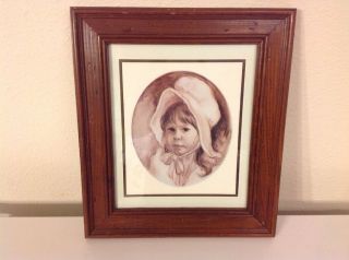 Vintage Vel Miller Wood Framed 15.  5 " X 13.  5 Mountable Picture Small Girl Bonnet