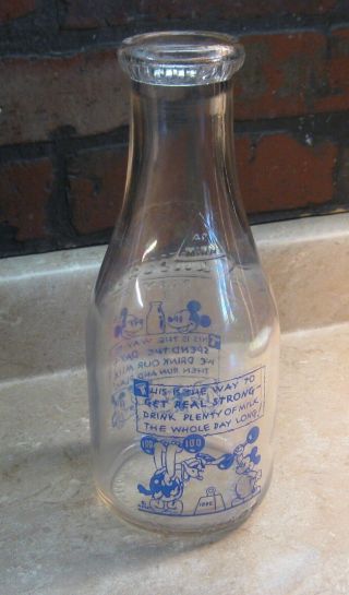 Antique Walt Disney Theme Dairy Glass Quart Milk Bottle With Mickey Mouse