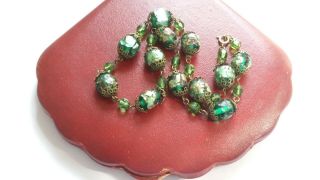 Czech Antique Art Deco Green Foil Glass Bead Necklace For Spares/repair