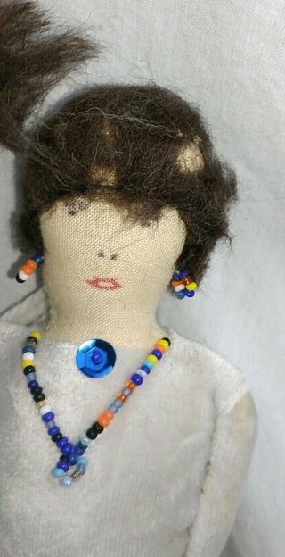 Vintage Doll Made by American Indian Bead Necklace Earrings 10 3/4 inches 5