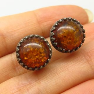 Antique 925 Sterling Silver Real Amber Gemstone Round Screw Back Earrings
