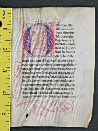 Ca.  1450 Manuscript Leaf In Dutch On Vellum With A Large Decorative Initial