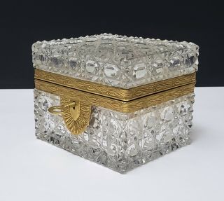 Antique French Bronze & Cut Crystal Casket Jewel Box W Key
