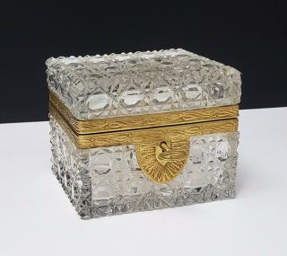 Antique French Bronze & Cut Crystal Casket Jewel Box w Key 2