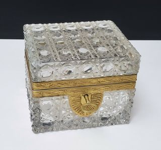 Antique French Bronze & Cut Crystal Casket Jewel Box w Key 3