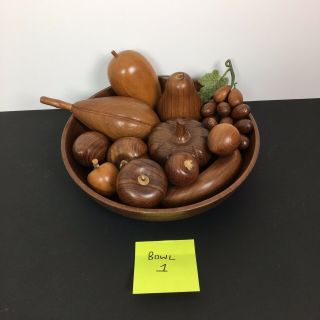 1960s 70s Vintage Carved Wooden Fruit Bowl Display Apples Turned Wood 1