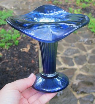 Rarer Blue Jip Fenton Art Carnival Glass Fine Rib Vase Antique Iridescent Footed