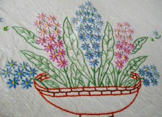 Vintage Tablecloth Hand Embroidered Hyacinth Flowers - Linen
