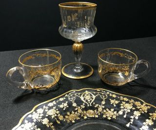 Daum Nancy Etched Flowers Wine Glass Stem Cambridge Gold Encrusted Plate 2 Mugs