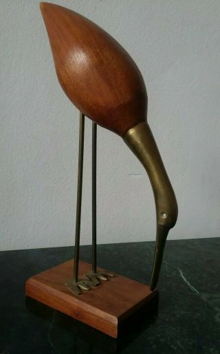 Mid Century Modern Bird Sculpture Wood Brass Modernist Abstract 1960s Vintage