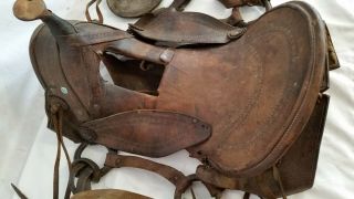 Antique 1800s Civil War Era Western Saddle Well Worn,  Old Leather Hand Tooling 2