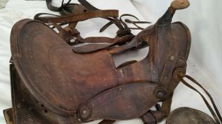 Antique 1800s Civil War Era Western Saddle Well Worn,  Old Leather Hand Tooling 3