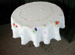 Vintage Round Tablecloth Hand Embroidered - Pretty Flowers - Linen