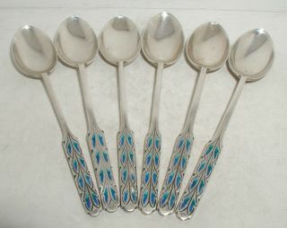 " Liberty & Co Art - Deco Solid Silver & Enamel Set Of 6 Spoons " Birmingham 1925