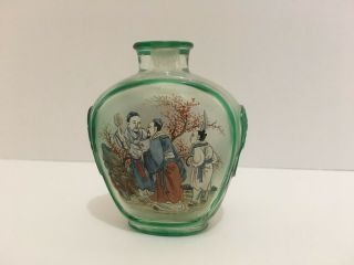 Vintage Chinese Green Overlay Hand Painted Glass Snuff Asian Perfume Bottle Jar