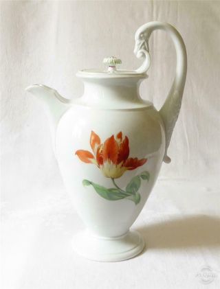 V Large Antique 19th Century German Meissen Porcelain Chocolate Pot Swan Handle