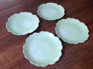 Set Of 4 Antique Limoges Elite France Porcelain Scalloped Green Dessert Plates