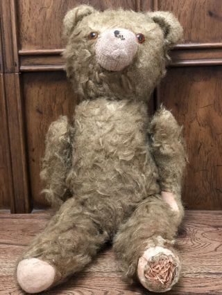 Antique 15 " Straw Filled Golden Mohair Jointed Teddy Bear Germany