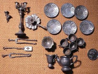 Antique 19 Pc Pewter Dollhouse Dishes Candalabra Candle Holder Fireplace Tools