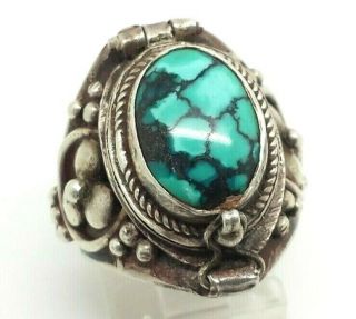 Antique Tibet Opens Box Turquoise Sterling Silver 925 Ring 12g Sz.  7 Rey099