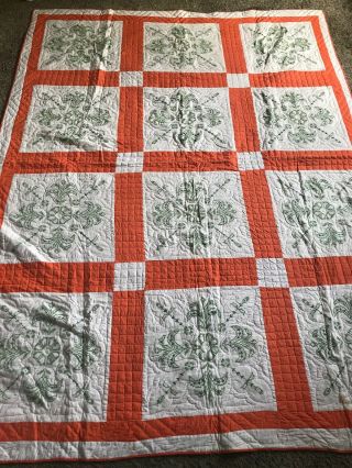 Vintage Bright Orange Embroidered Quilt Hand Stitched & Quilted 65 X 87”