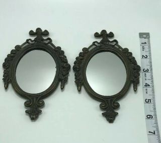 Vintage Antique - look Italy Small Mirrors Wall Hanging Cast Metal Bronze 3