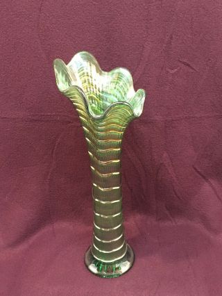 Imperial Ripple Antique Carnival Art Glass 13,  ” Vase Helios Green Beauty
