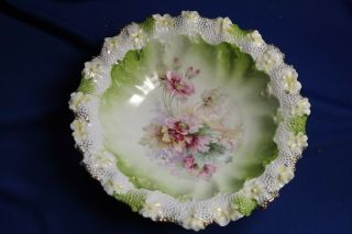 Antique R.  S.  Prussia 9 3/4 " Floral Bowl With 20 Raised Flowers On Edges Unsigned